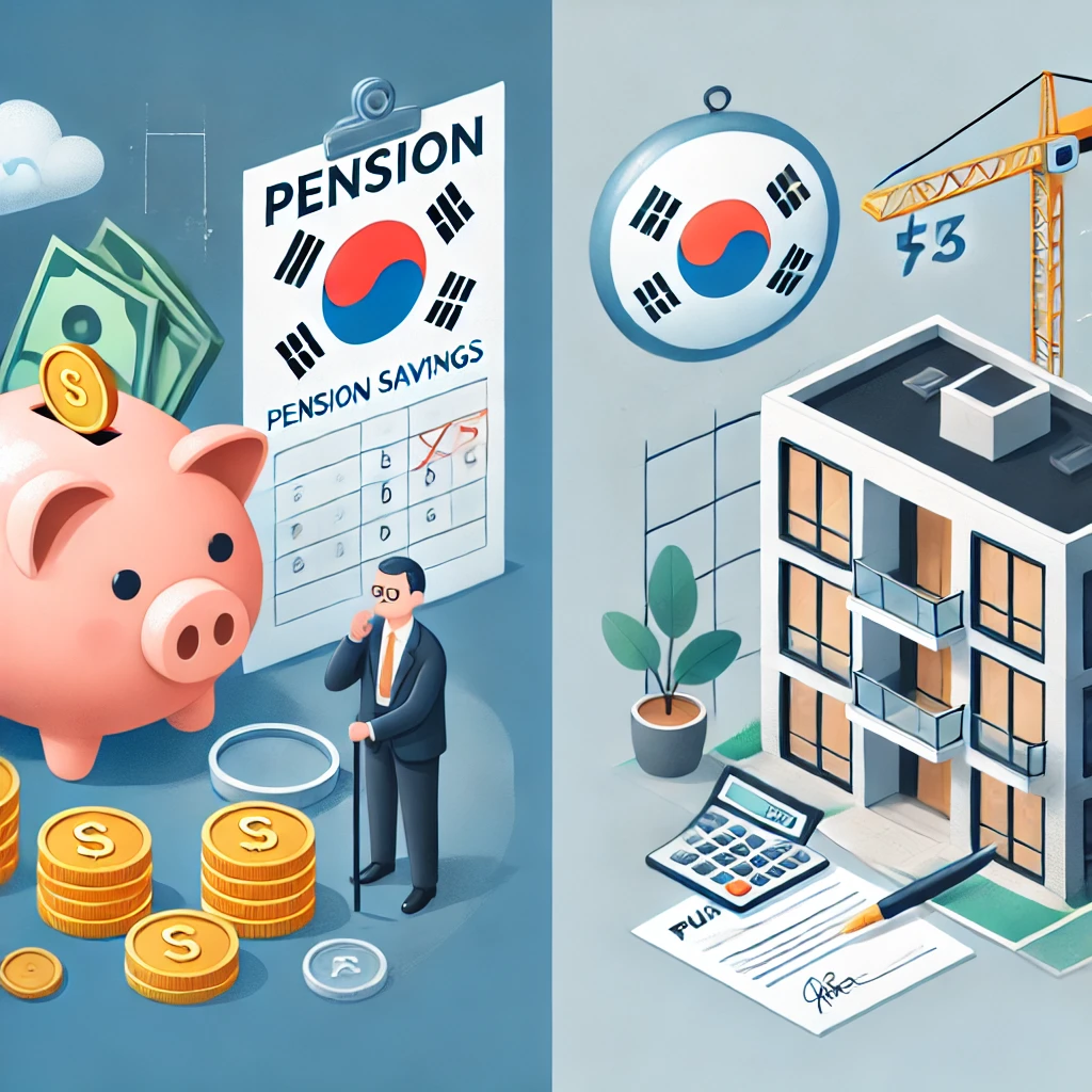 &quot;연금저축과 부동산 투자의 비교 이미지. 왼쪽에는 돼지 저금통, 동전, 그리고 '연금저축'이라고 적힌 문서가 있어 안정적인 노후 준비를 상징합니다. 오른쪽에는 현대적인 아파트 건물, 계약서, 그리고 수익을 계산하는 사람이 있어 부동산 투자를 표현합니다.&quot;