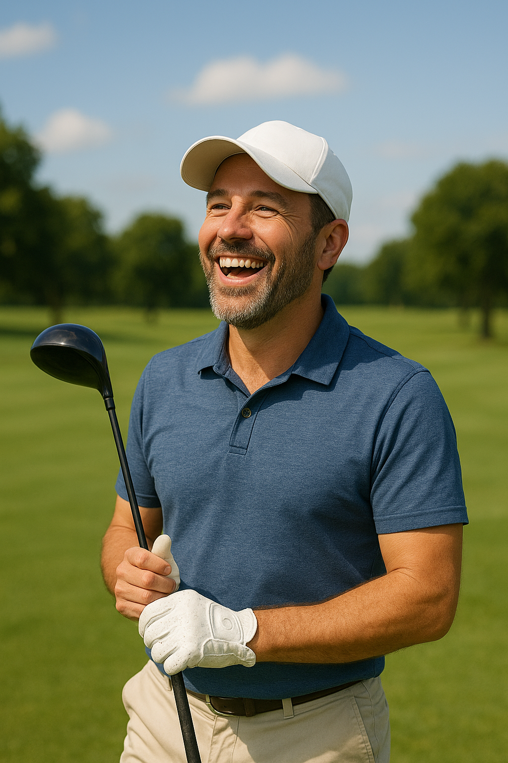 남성 골퍼 헤저드를 우드샷 후 즐거워하는 모습