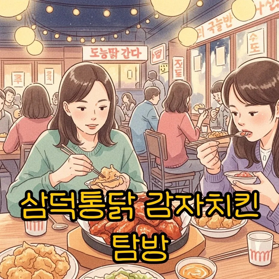 활기찬 치킨집에서 즐기는 맛있는 감자치킨.