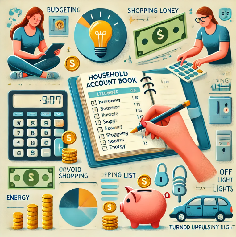 가계부작성, 소비절약, 예산관리, 저축, 소비계획등을 시각적으로 표현한 그림