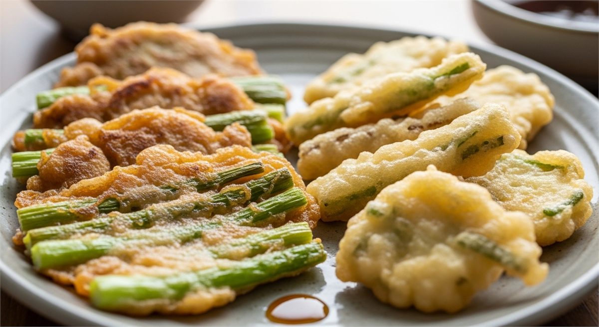 바삭하게 완성된 두릅전과 두릅튀김을 담은 접시