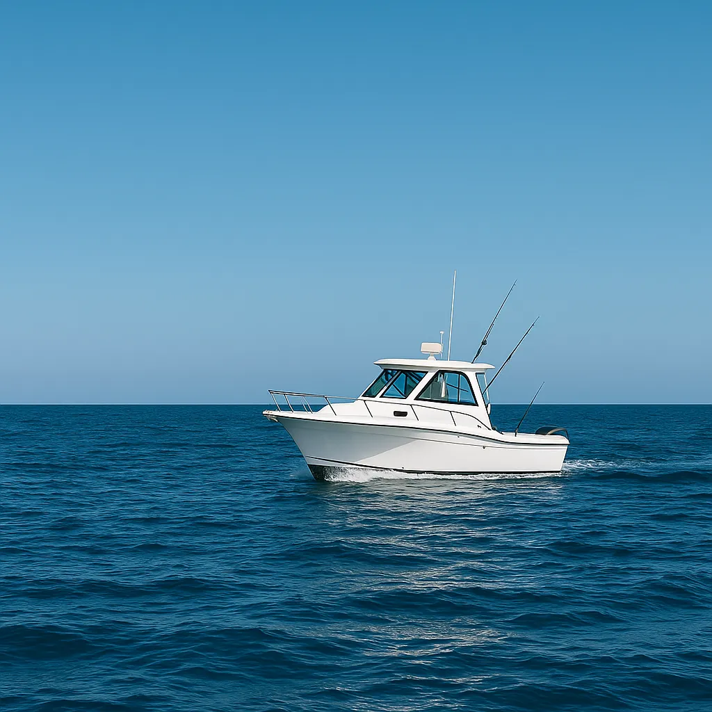 맑은 하늘 아래 깊은 바다를 항해하는 낚시 보트 모습