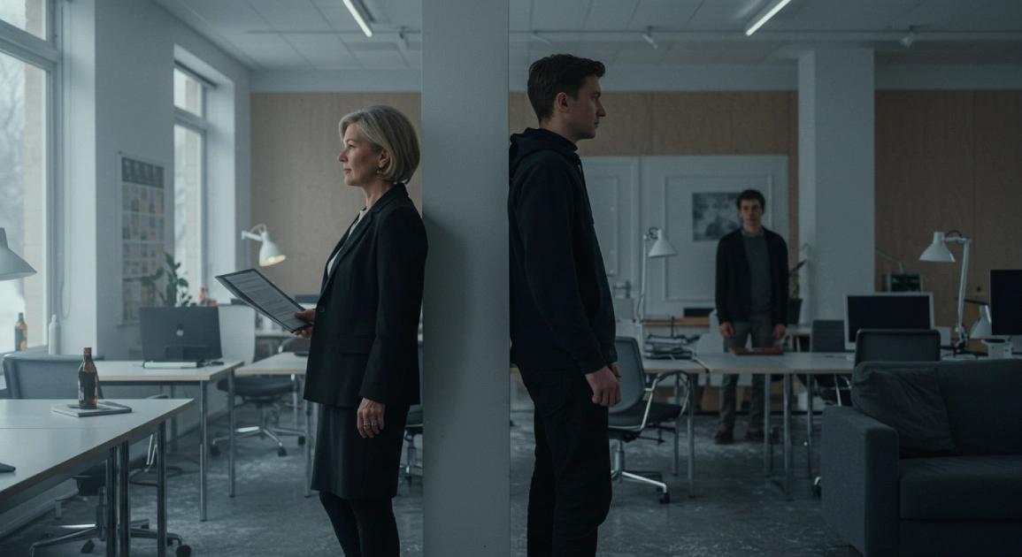 북유럽 사무실에서 마주 보는 중년 여성과 젊은 남성의 미묘한 시선 교류