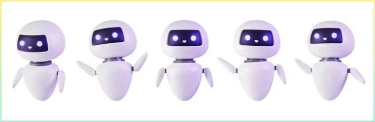 3d 신경망 채팅 봇 세트. AI 서버 기술. 다양한 포즈의 귀여운 마스코트. 도움, 인공 지능 지원 센터 장치. 스마트 로봇 렌더링. 분리된 벡터 일러스트.