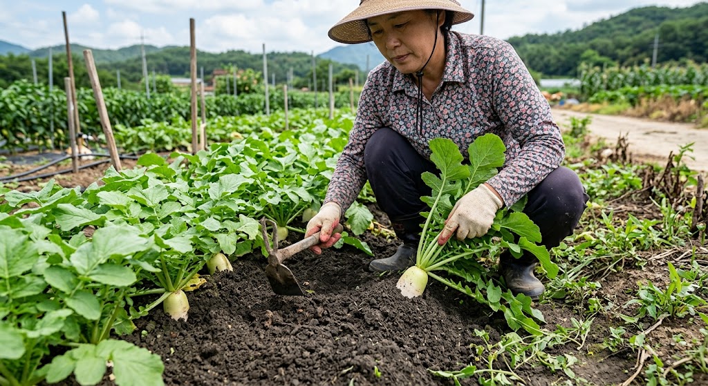 가볍게 흙을 돋아주며 무 뿌리 주변의 공기 구멍을 확보하는 모습