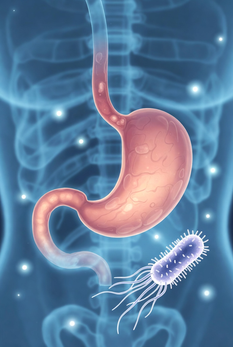 푸른색 인체 골격 배경 위에 위장의 내부 구조와 나선형 모양의 헬리코박터균을 시각화한 의학 삽화입니다.