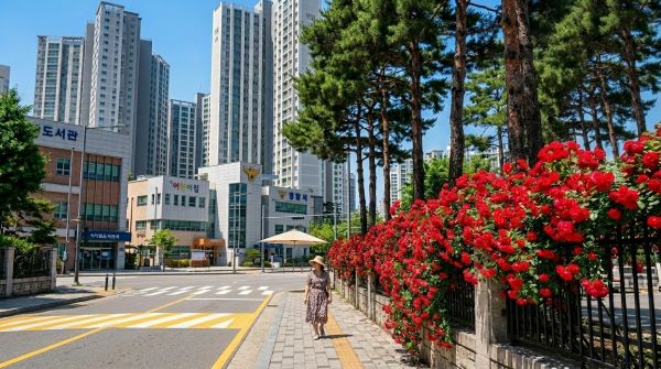 아파트 담장, 덩굴장미, 붉은색,