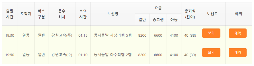 동서울 출발, 일동, 이동, 와수리, 사창리 버스 시간표