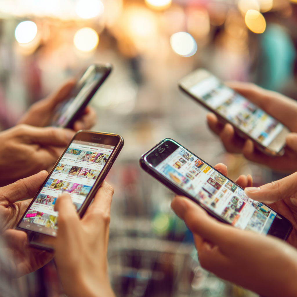 스마트폰으로 대형마트 쿠폰 및 행사 정보를 확인하는 장면