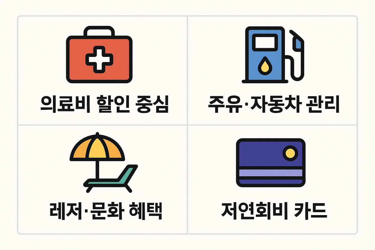 의료비 중심 할인, 주유 및 자동차 관리, 레저&middot;문화 혜택, 저연회비 카드 구성 등 50대를 위한 맞춤형 보너스 혜택을 시각적으로 정리한 인포그래픽.