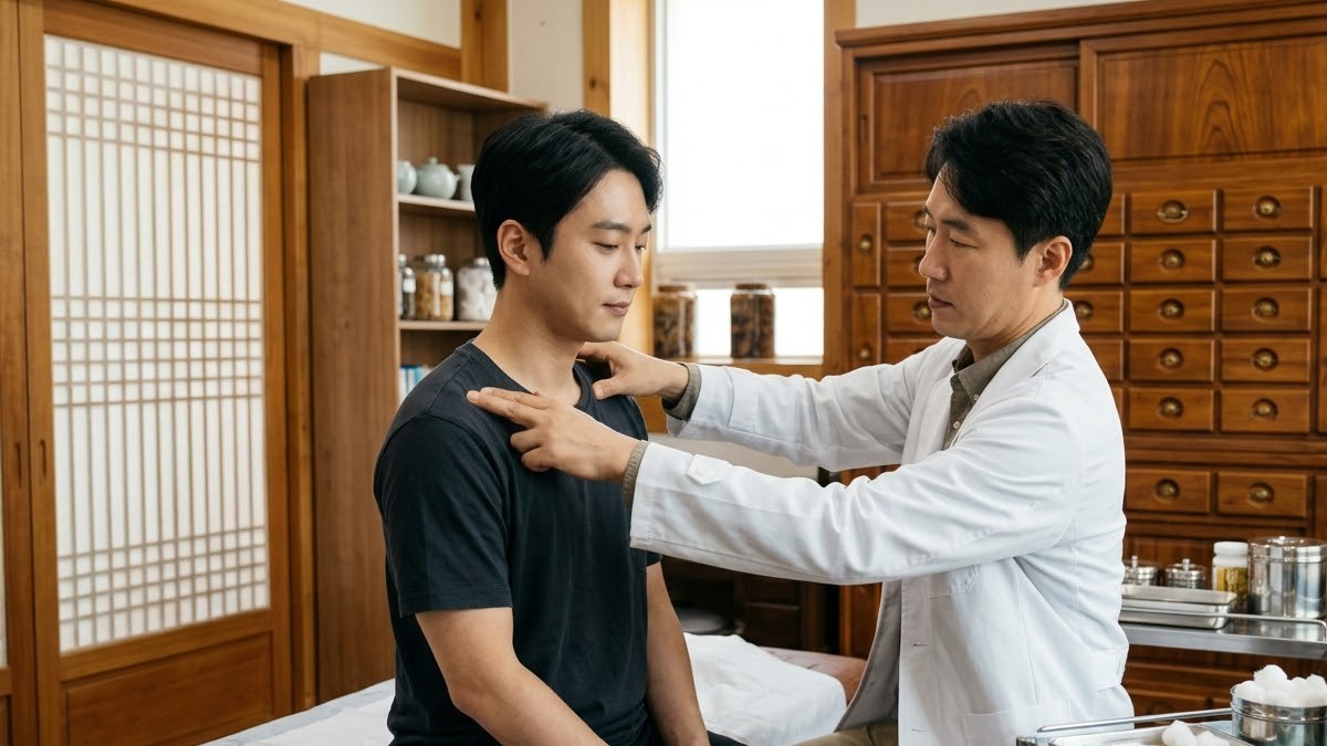 한의원 진료실에서 한의사가 환자의 어깨와 쇄골 주변을 살피는 모습