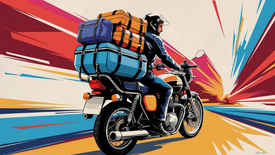짐을 가득 싣고 달리는 오토바이 라이더