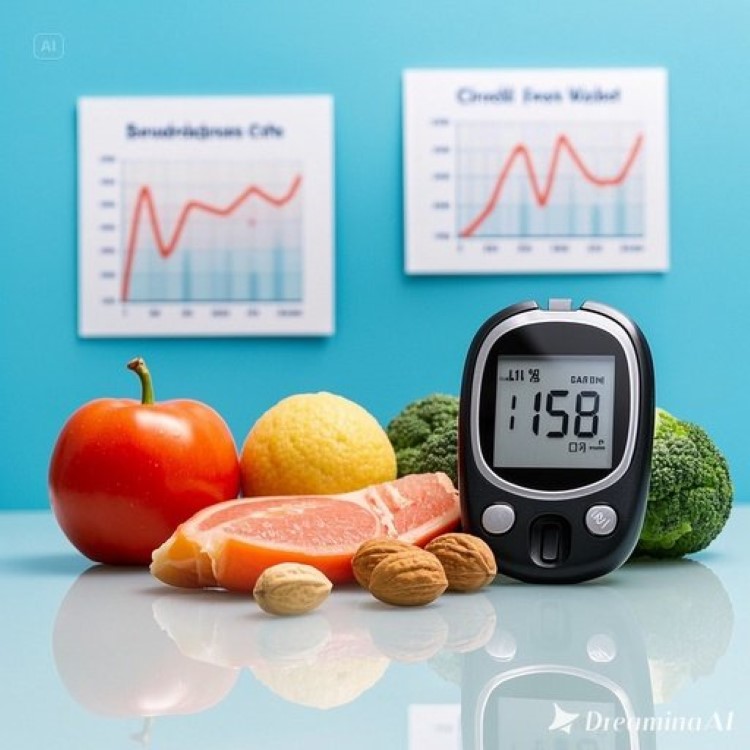 혈당 측정기와 건강한 식단(채소, 단백질, 견과류)이 배치된 모습. 배경에는 안정적인 혈당 곡선 그래프와 급격한 혈당 스파이크 그래프가 대조적으로 보이는 전문적이고 교육적인 의료 건강 이미지