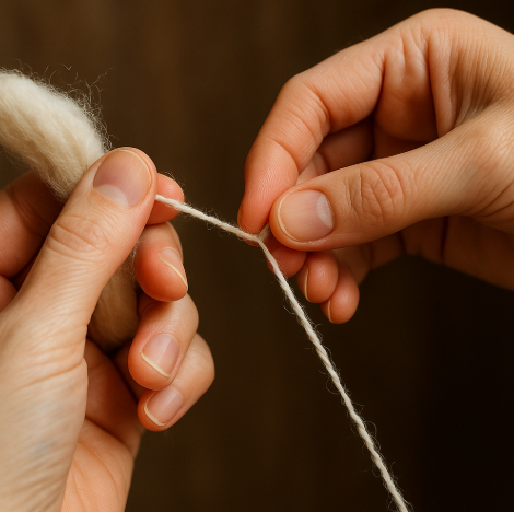 직접 손으로 실을 꼬고 있는 모습