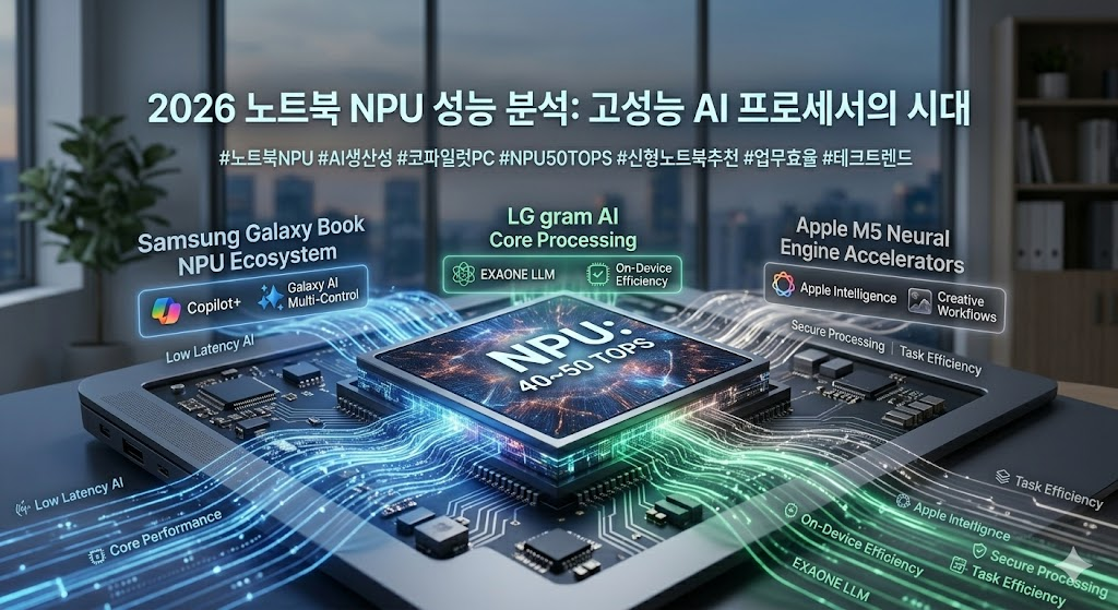 노트북 내부의 NPU 칩셋이 빛나며 AI 생산성 툴 코드가 흐르는 고성능 하드웨어 클로즈업 이미지