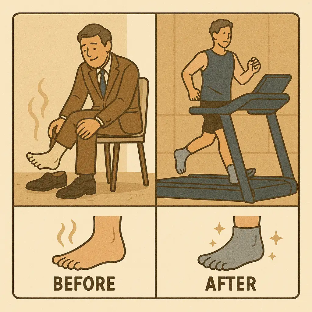 정장 구두를 신는 직장인이 퇴근 후 발을 벗으며 만족하는 모습, 헬스장에서 운동하는 사람이 발가락 양말을 신은 채 러닝머신 위에 있는 장면, 전&middot;후(착용 전 발냄새 심함 &rarr; 착용 후 상쾌함) 비교