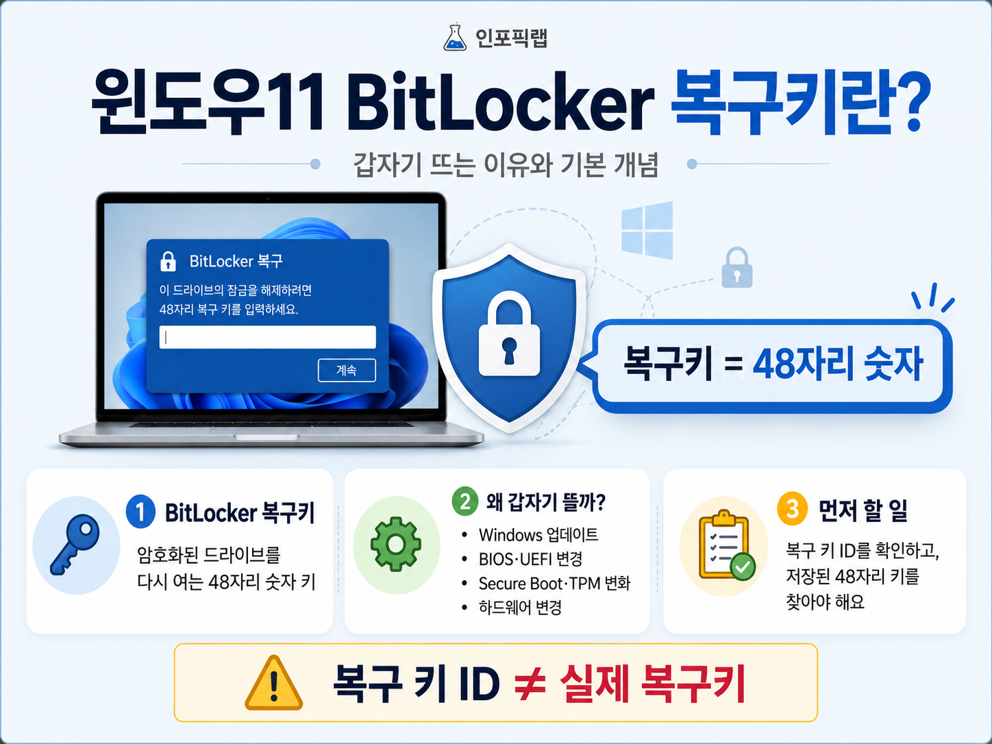 윈도우11 BitLocker 복구키 48자리 숫자와 복구 키 ID 차이 안내