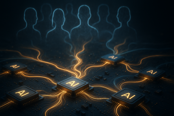 AI 칩을 통한 공유된 지성과 병렬적 조화를 상징, 공존의 철학을 표현