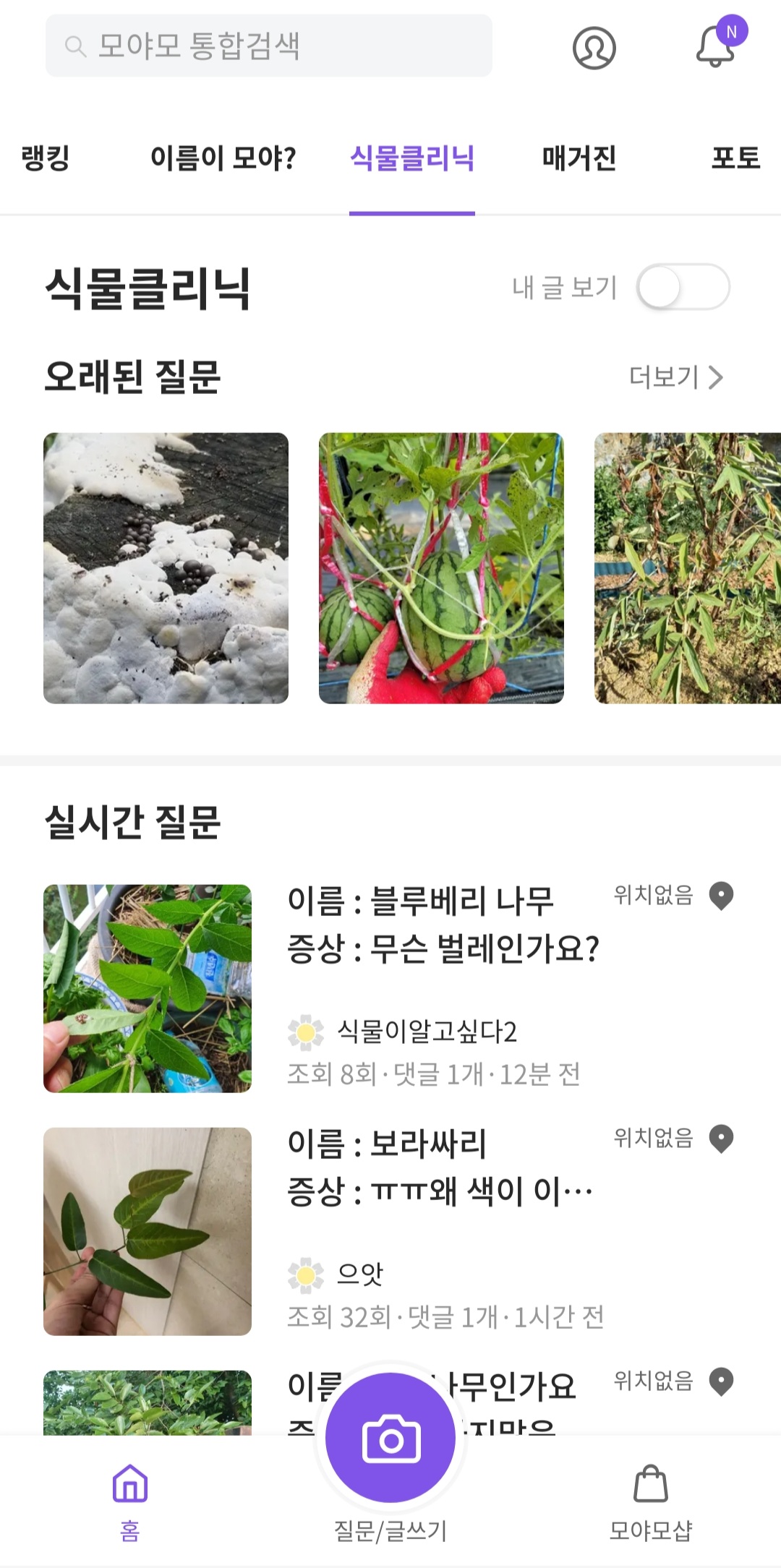 식물 문제를 문의할 수 있는 화면