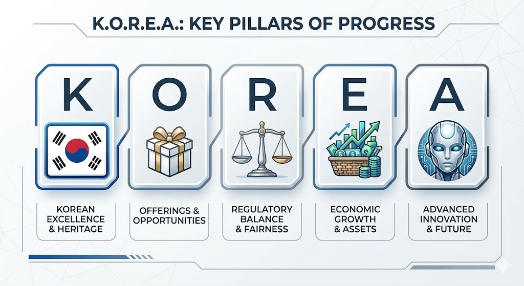 K.O.R.E.A 각 글자마다 해당 키워드 아이콘(태극기, 선물상자, 저울, 바구니, 로봇)이 매칭된 직관적인 인포그래픽