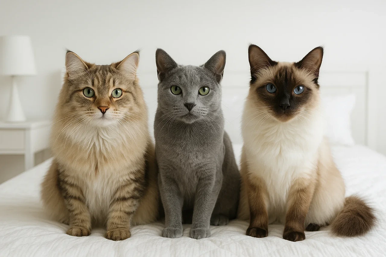 저알레르기 품종 고양이 사진, 왼쪽부터 시베리안, 러시안블루, 발라니즈