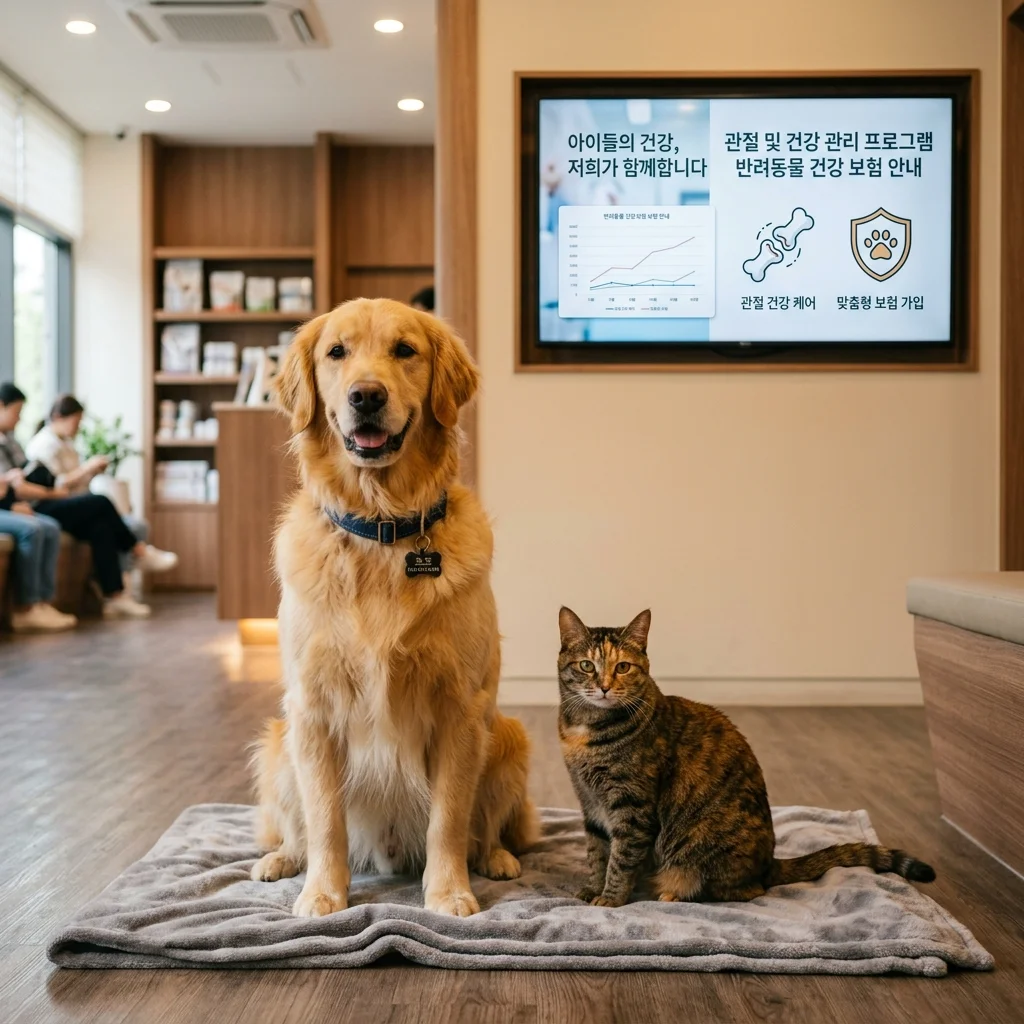2026년 펫보험 비교를 위해 병원에서 대기 중인 강아지와 고양이 그리고 건강 차트가 보이는 배경 화면