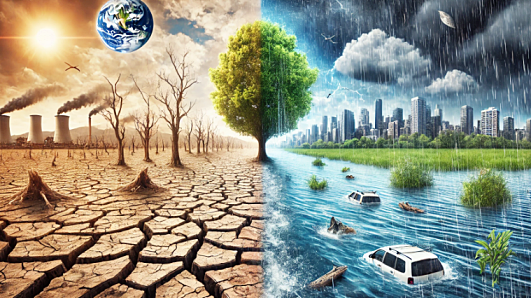 갈라진 논과 강물에 잠김 차량