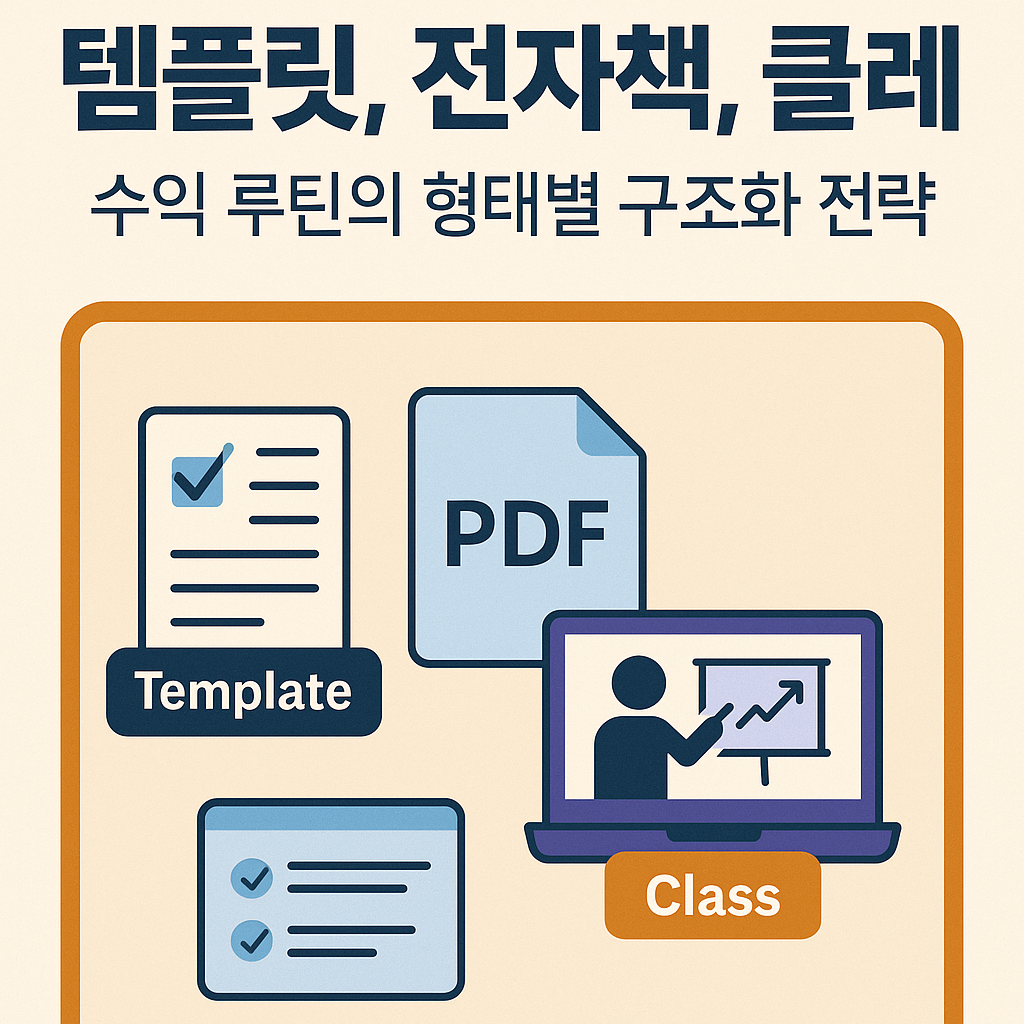 루틴의 수익화 구조를 상징하는 플랫 디자인 디지털 일러스트 – 템플릿, PDF, 클래스 아이콘이 흐름도처럼 연결된 구조