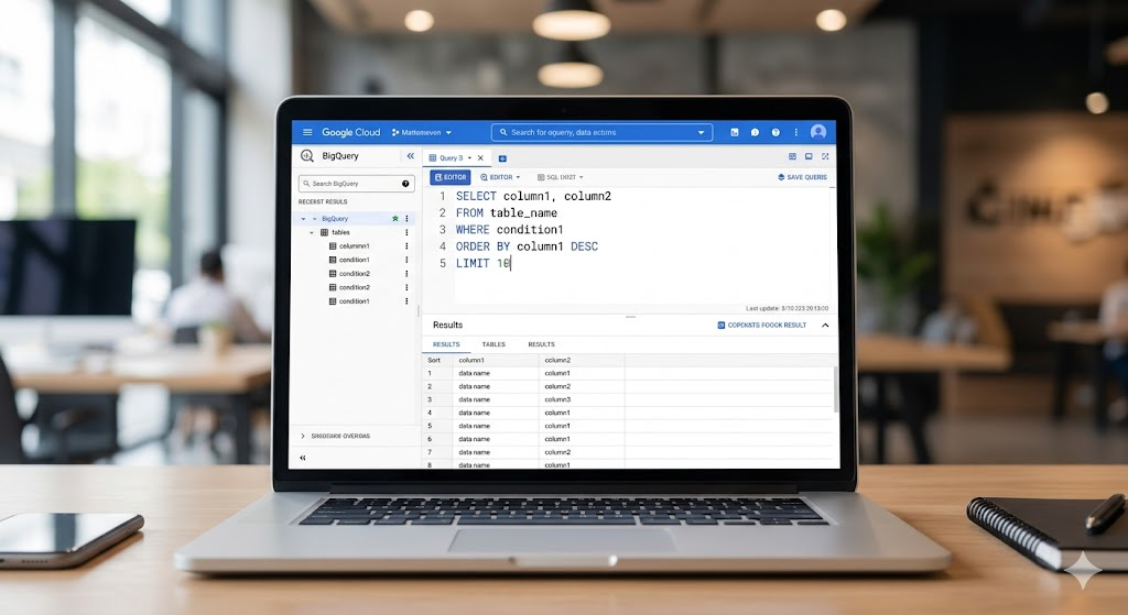 빅쿼리 콘솔에서 SQL 쿼리를 실행한 화면. ORDER BY로 데이터를 정렬하고 LIMIT로 출력 개수를 제한하여 원하는 결과만 빠르게 확인한다.