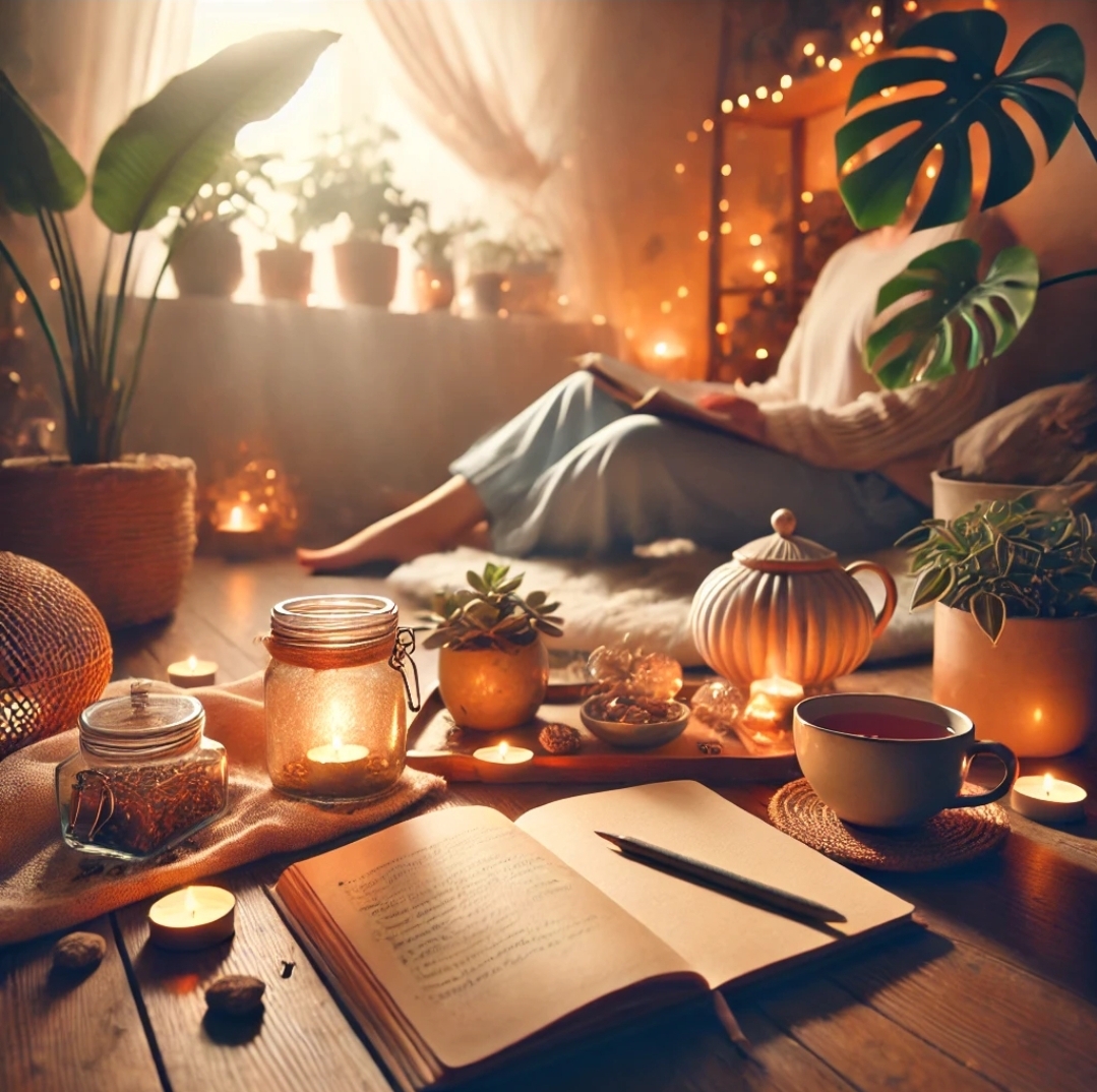 따뜻한 조명 아래, 차를 마시며 편안하게 앉아 있는 모습