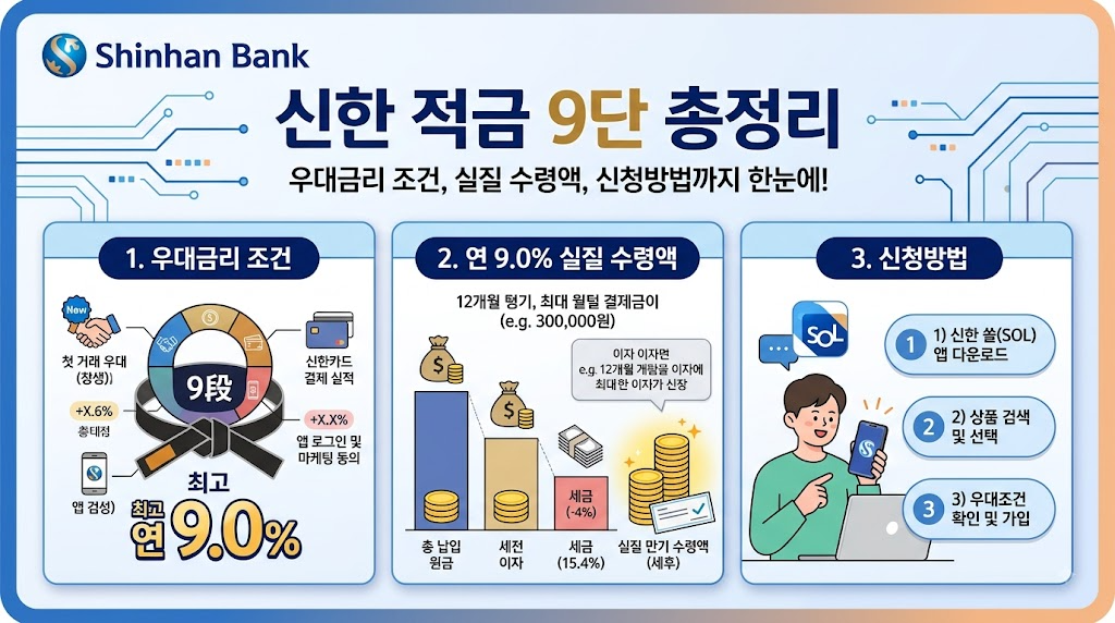 "신한 적금 9단" 우대금리 조건과 연 9.0% 실질 수령액 및 신청방법 총정리