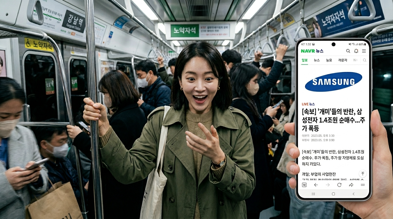 2026년 4월 아침, 붐비는 지하철 안에서 스마트폰의 '개인 1.4조 순매수' 뉴스와 삼성전자 로고를 보고 눈이 커진 직장인의 모습