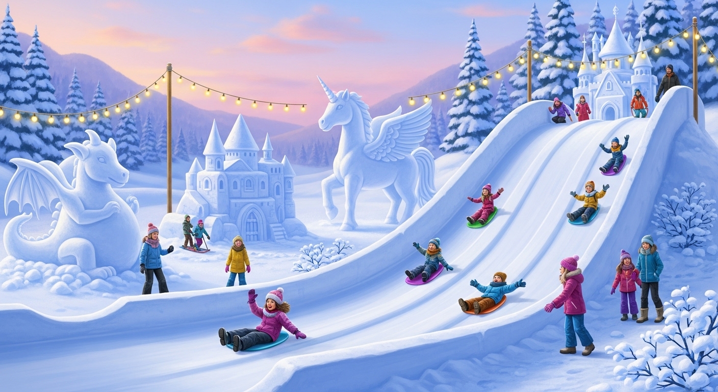 눈썰매를 타는 아이들과 눈 조각들이 어우러진 겨울 축제 풍경