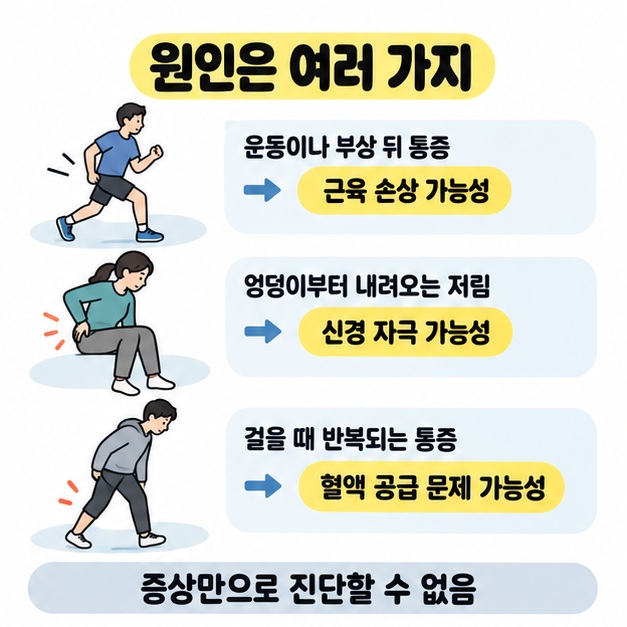 운동이나 부상 뒤 통증은 근육 손상, 엉덩이부터 내려오는 저림은 신경 자극, 걸을 때 반복되는 통증은 혈액 공급 문제 가능성과 연결하고 증상만으로 진단할 수 없다고 설명한 그림