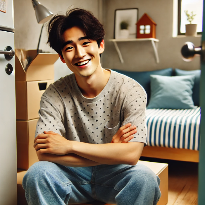 작고 아늑한 아파트에서 휴식을 취하는 청년의 모습