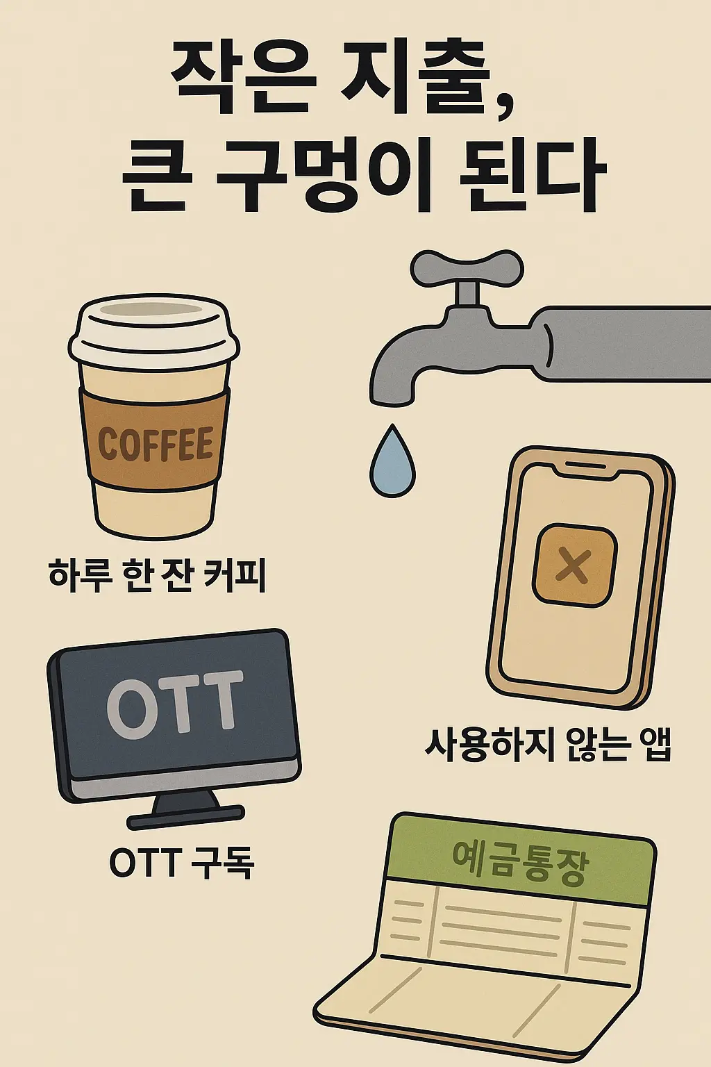 하루 한 잔 커피, OTT 구독, 사용하지 않는 앱 아이콘, 그리고 새는 수도꼭지와 통장 그림.