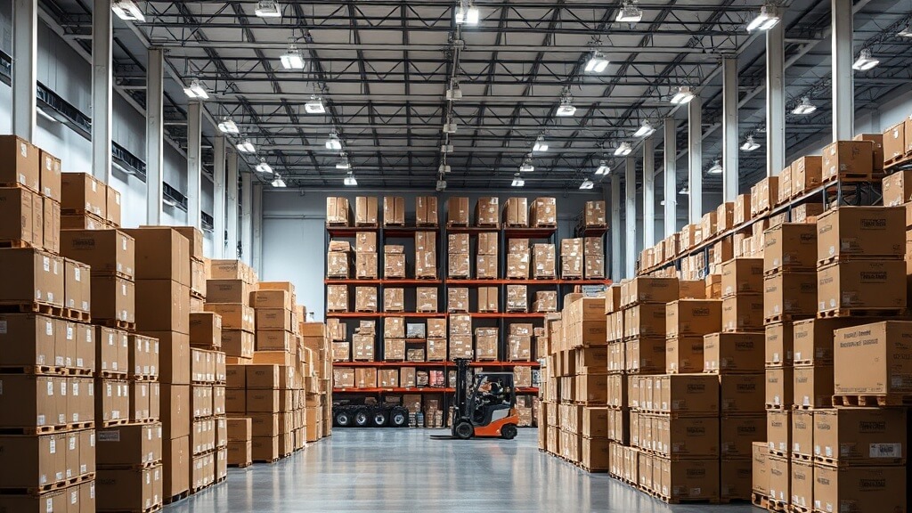 멈춰 선 컨테이너 열차와 물류창고에 가득 쌓여 운송되지 못하는 수많은 화물 박스들. 물류 마비로 인한 혼란을 시각적으로 보여준다