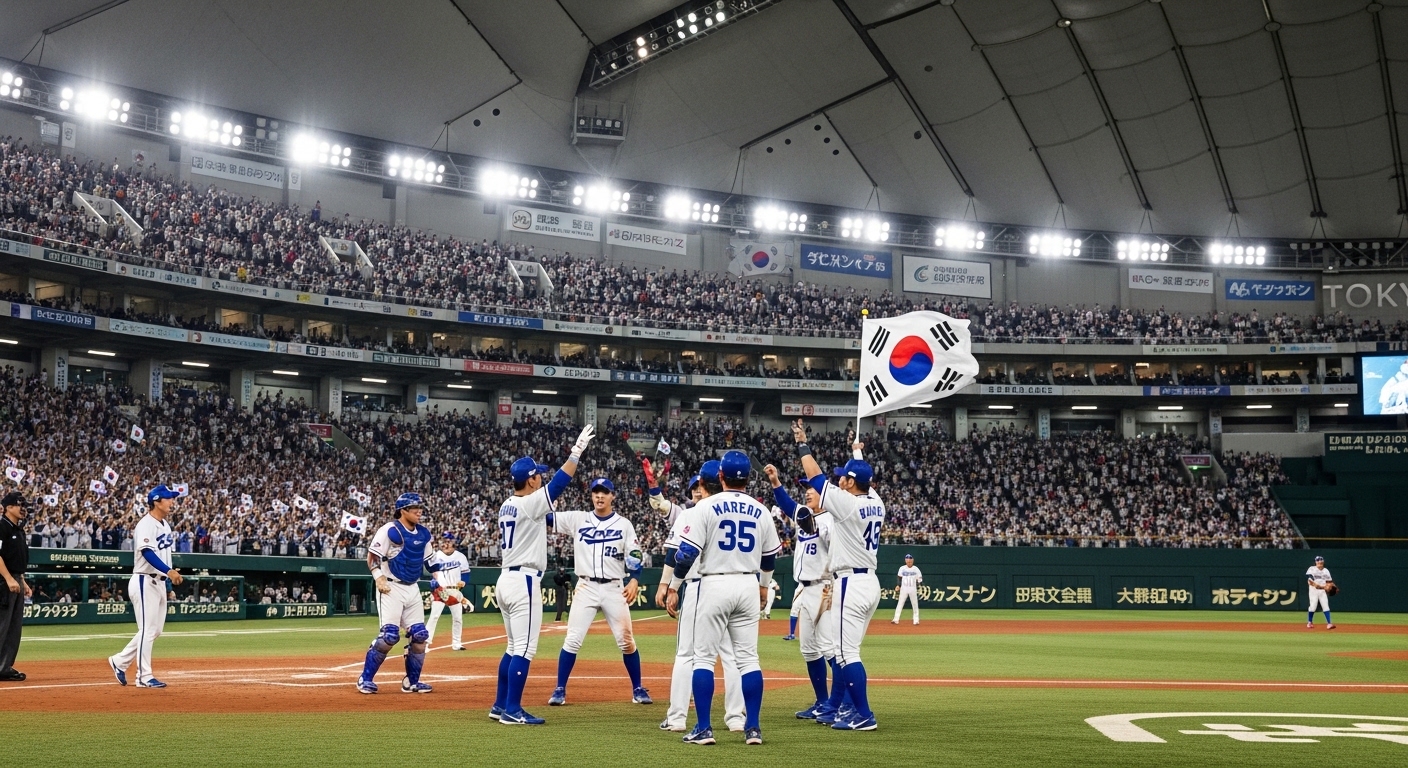 도쿄돔에서 열린 2026 WBC 경기에서 한국 야구 대표팀이 득점 후 환호하는 역동적인 모습. 관중석은 태극기를 흔드는 팬들로 가득하며 뜨거운 응원 열기로 가득 차 있습니다.