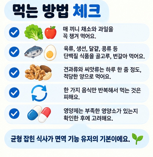 매 끼니 채소 과일 단백질 식품 번갈아 먹기 견과류 소량 여러 식품군 섞기 영양제는 필요할 때 사용하기 체크리스트 이미지
