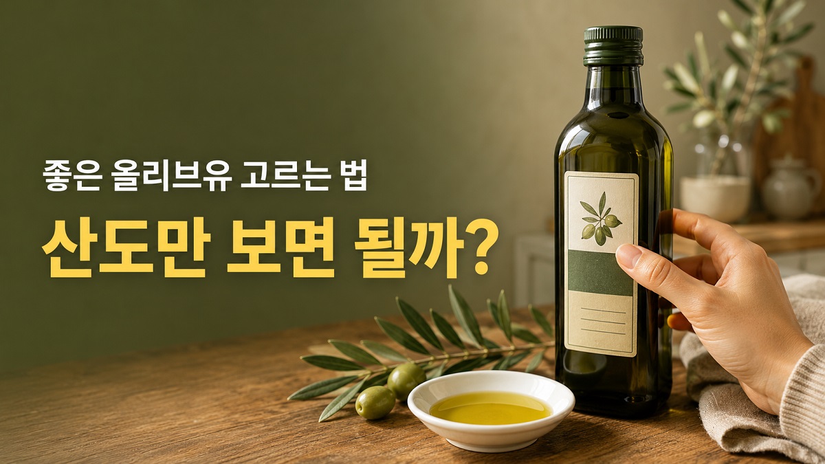 짙은 유리병의 올리브유와 올리브 열매, 제품 라벨을 확인하는 손이 놓인 주방 식탁