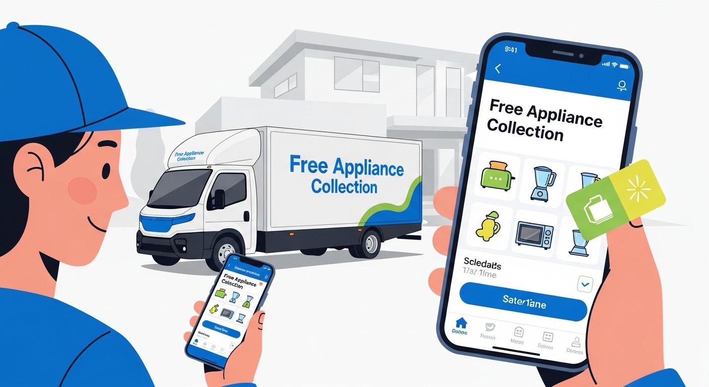 스마트폰으로 폐가전 무료 방문 수거를 예약하는 사람의 모습. 여러 소형 가전제품이 집 앞에 모여 있고, 수거 차량이 방문하는 편리한 과정을 보여줍니다.
