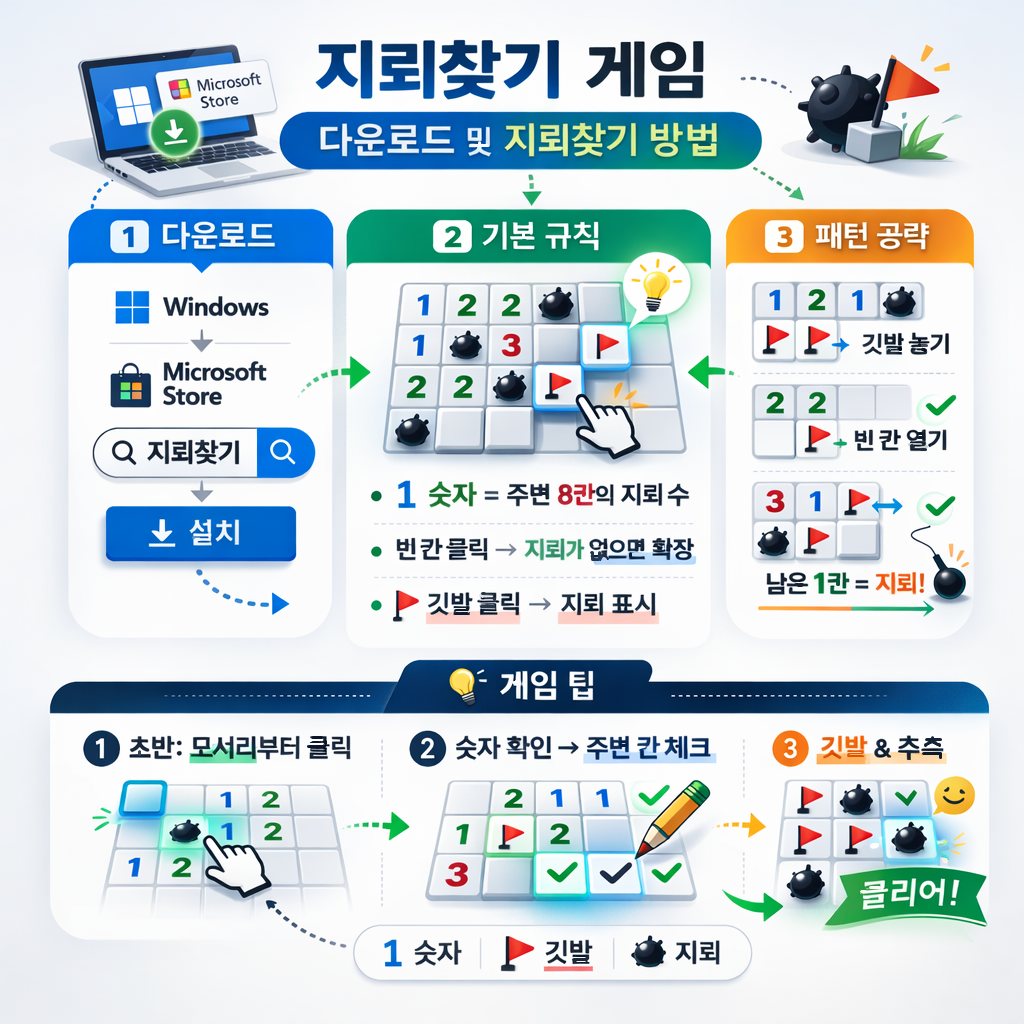 지뢰찾기 게임 다운로드 및 지뢰찾기 방법안내 인포그래픽