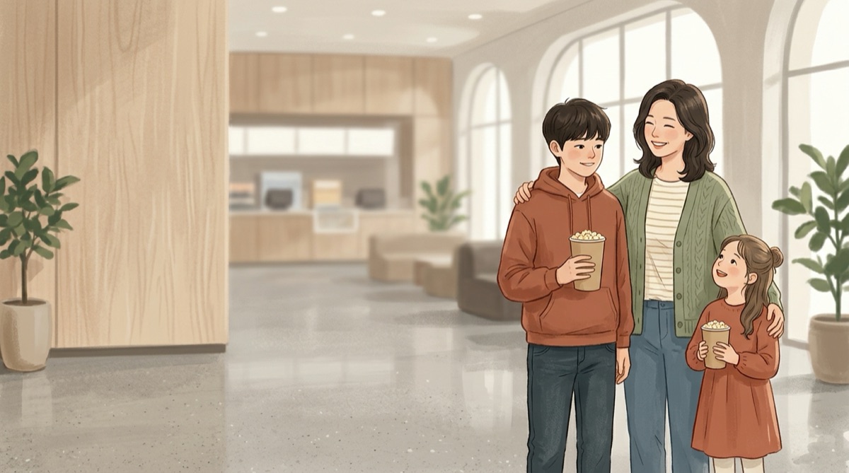 주말 나들이에서 팝콘을 들고 웃는 엄마와 아이들의 모습