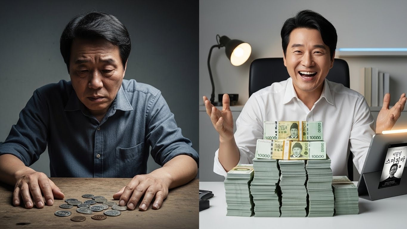 종이책의 낮은 인세 수익과 전자책의 높은 마진율 수익 구조를 대비하여 보여주는 한국 작가의 모습