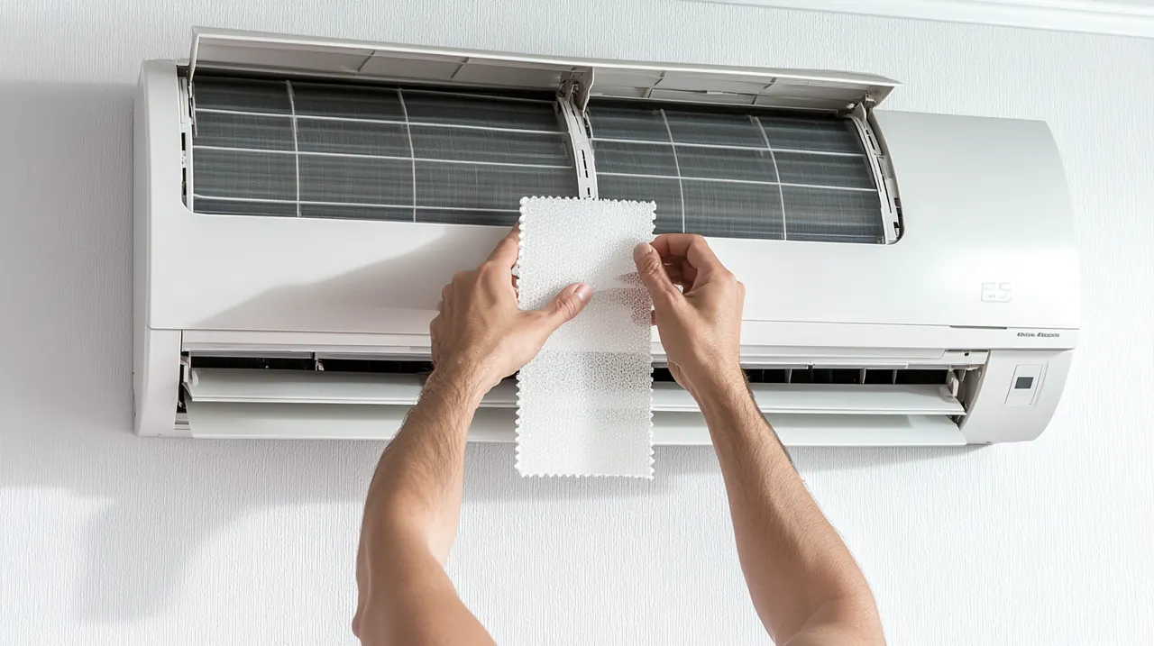 현대적인 거실에서 벽걸이 에어컨의 필터를 신중하게 교체하는 모습이 세련되게 연출되었습니다. 자연 채광과 어우러져 깔끔한 느낌을 자아내며, 효율적 에어컨 관리의 중요성을 강조합니다.