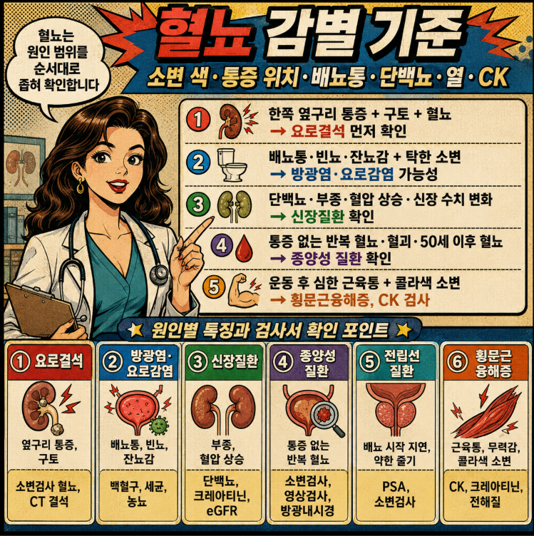 소변 색, 통증 위치, 배뇨통, 단백뇨, 혈괴, CK 수치로 혈뇨 감별 기준을 정리한 옛날 만화 스타일 의료 인포그래픽