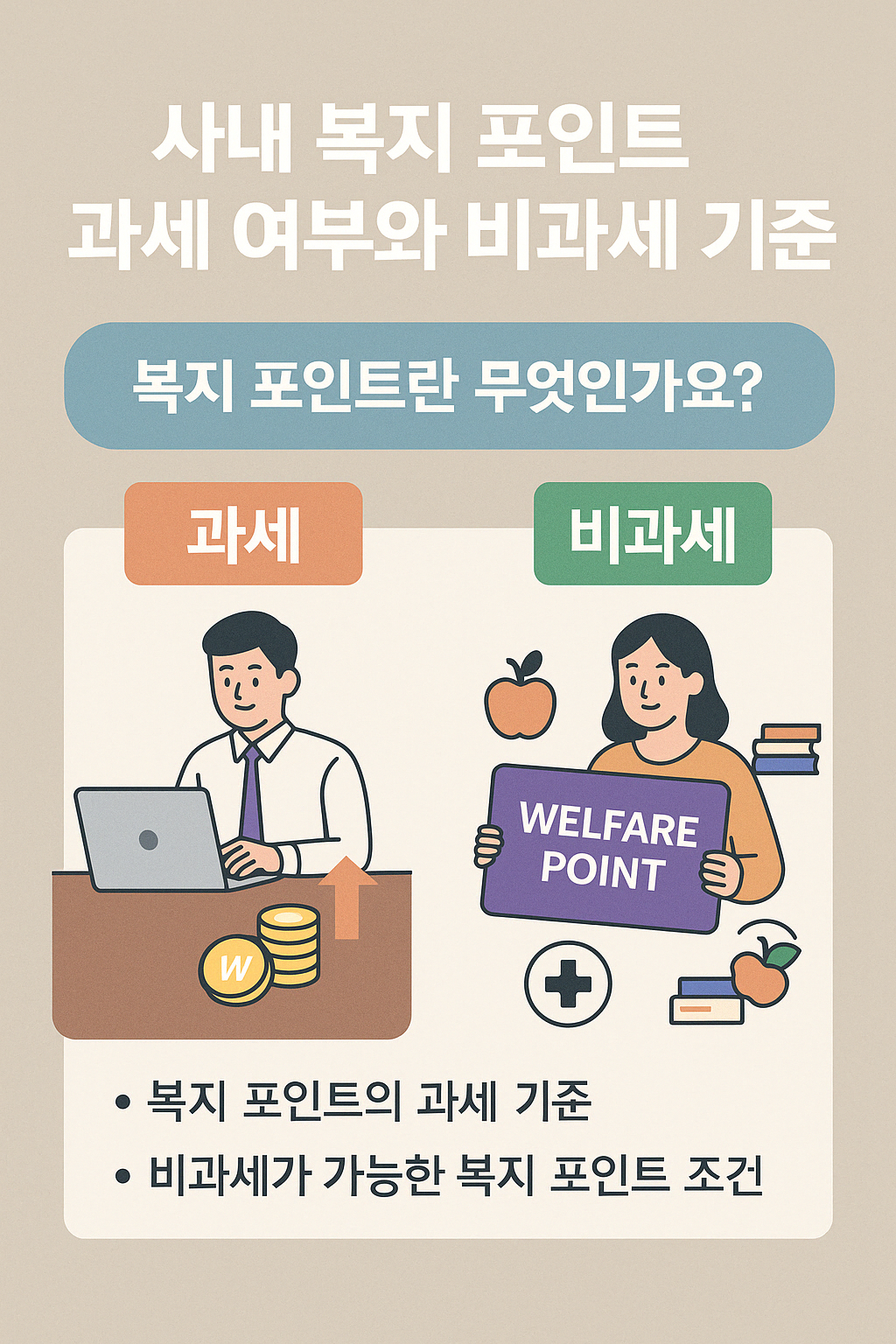 한국어 대체 텍스트: 복지 포인트의 과세와 비과세 기준을 설명하는 인포그래픽. 좌측은 노트북 앞에 앉아 있는 남성이 과세 항목(월급 및 금전적 수령)을 설명하고, 우측은 건강과 도서 등 비과세 조건에 해당하는 복지 항목을 소개하는 여성이 등장한다. 하단에는 복지 포인트 과세 기준과 비과세 조건 항목이 간단히 요약되어 있다.