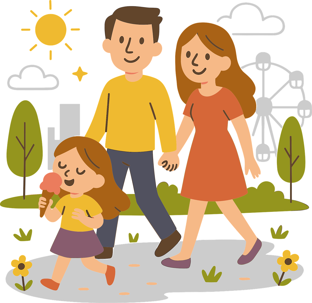 가족끼리 오붓하게 걸으며 시간을 보내는 그림