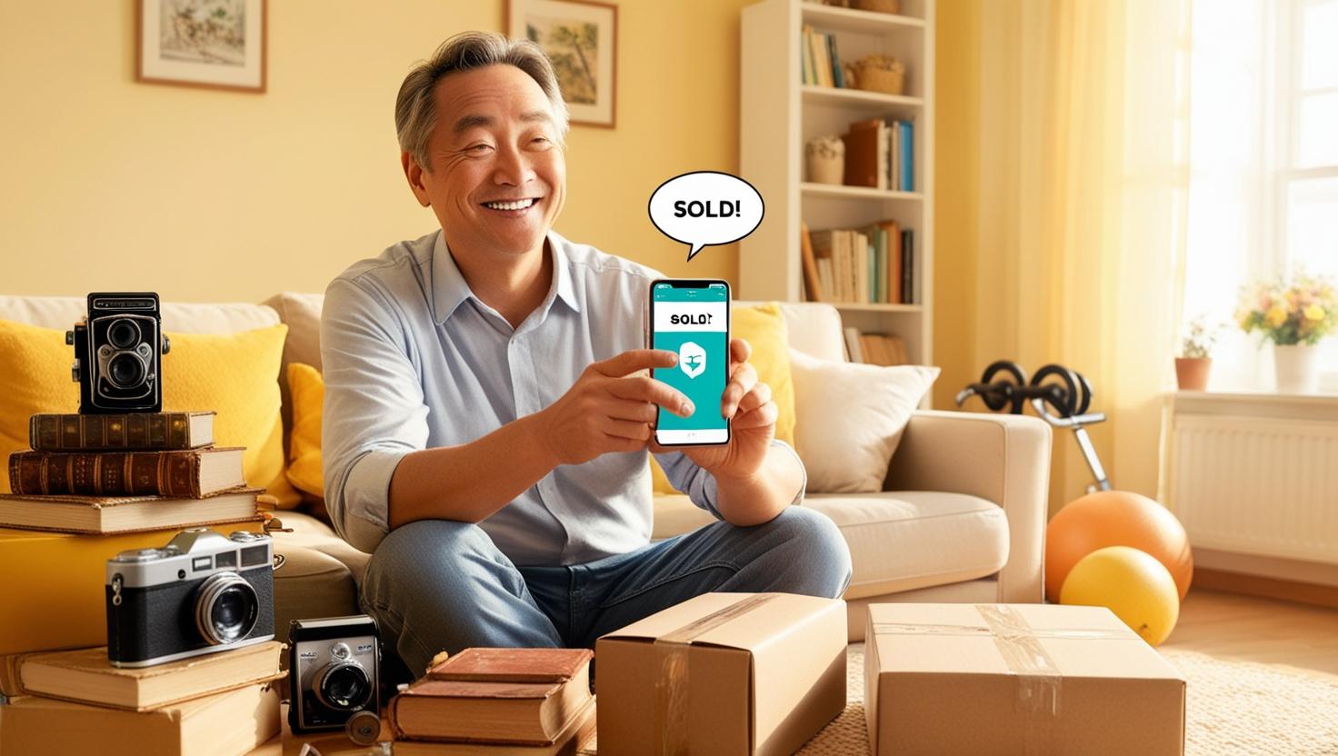 중고앱을 이용해 물건을 파는데 성공한 중년 남자의 모습_AI generated by Canva