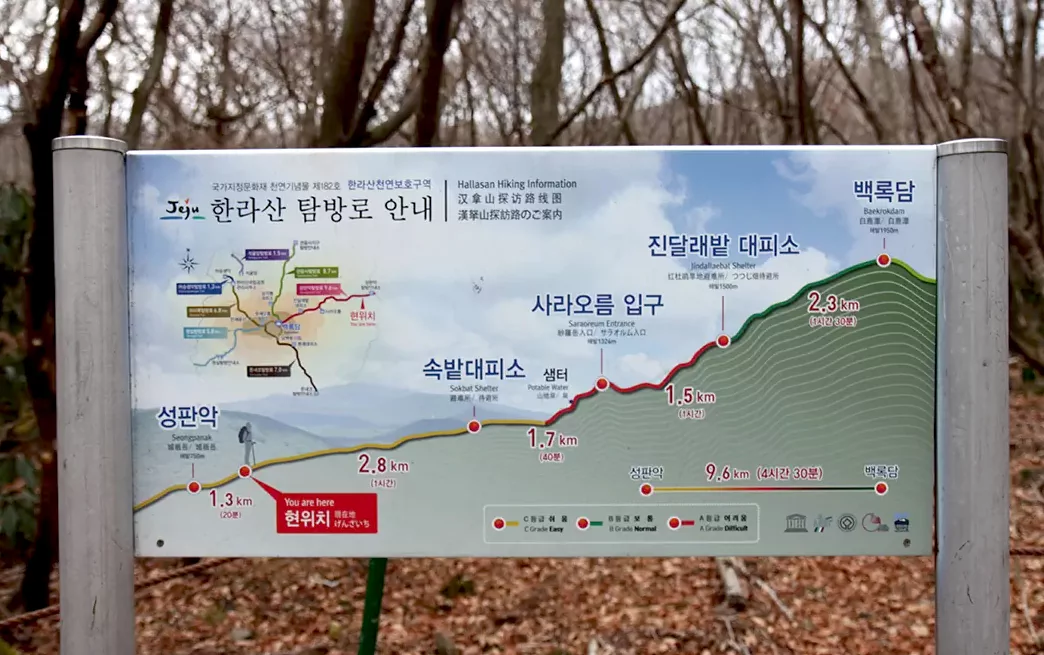 한라산 성판악 코스 탐방로 초입에 설치된 이정표.